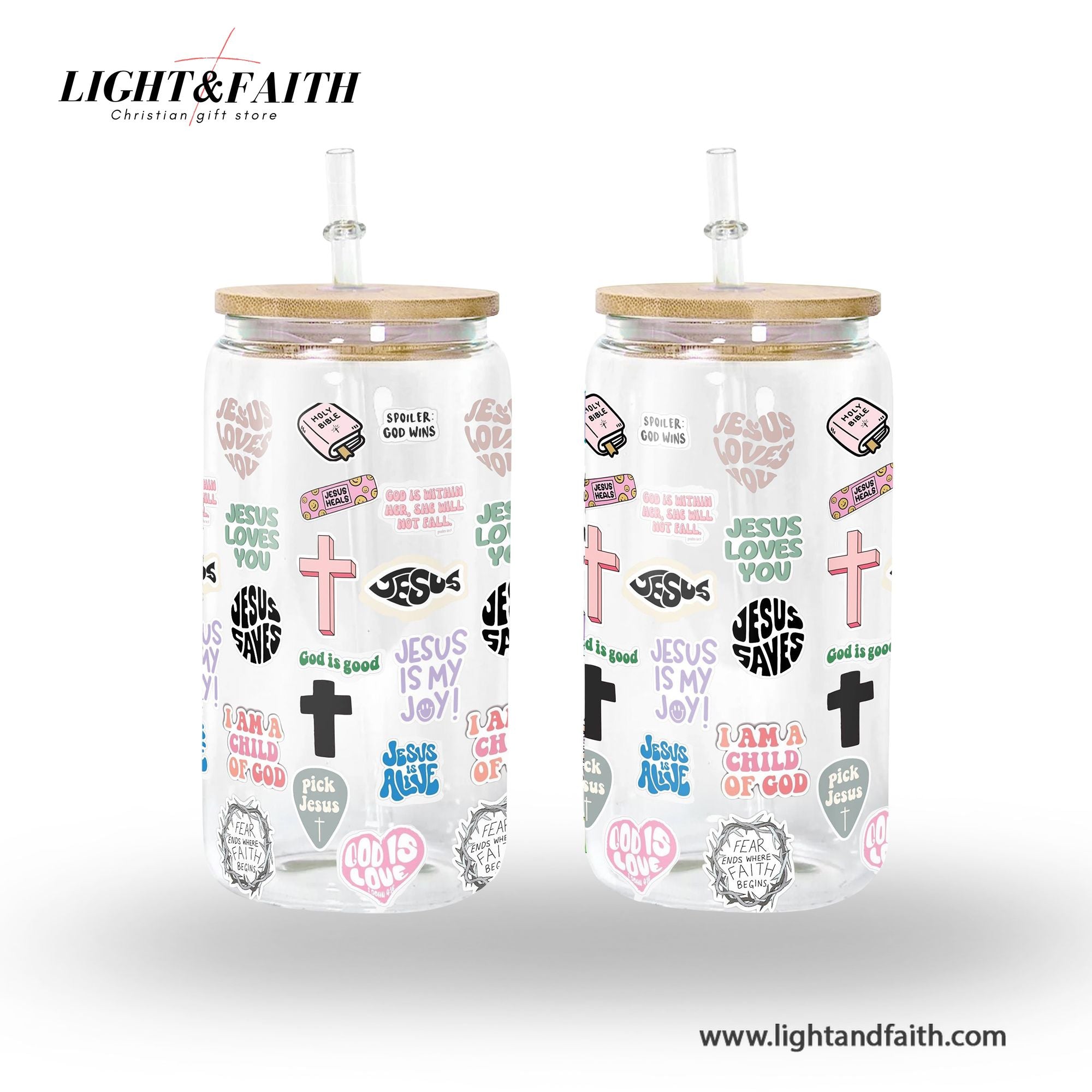 Christian Glass Can with Lid and Straw, Bible Verse Stickers, Jesus Saves Cup, Inspirational Scripture Iced Coffee Tumbler GCLAF29